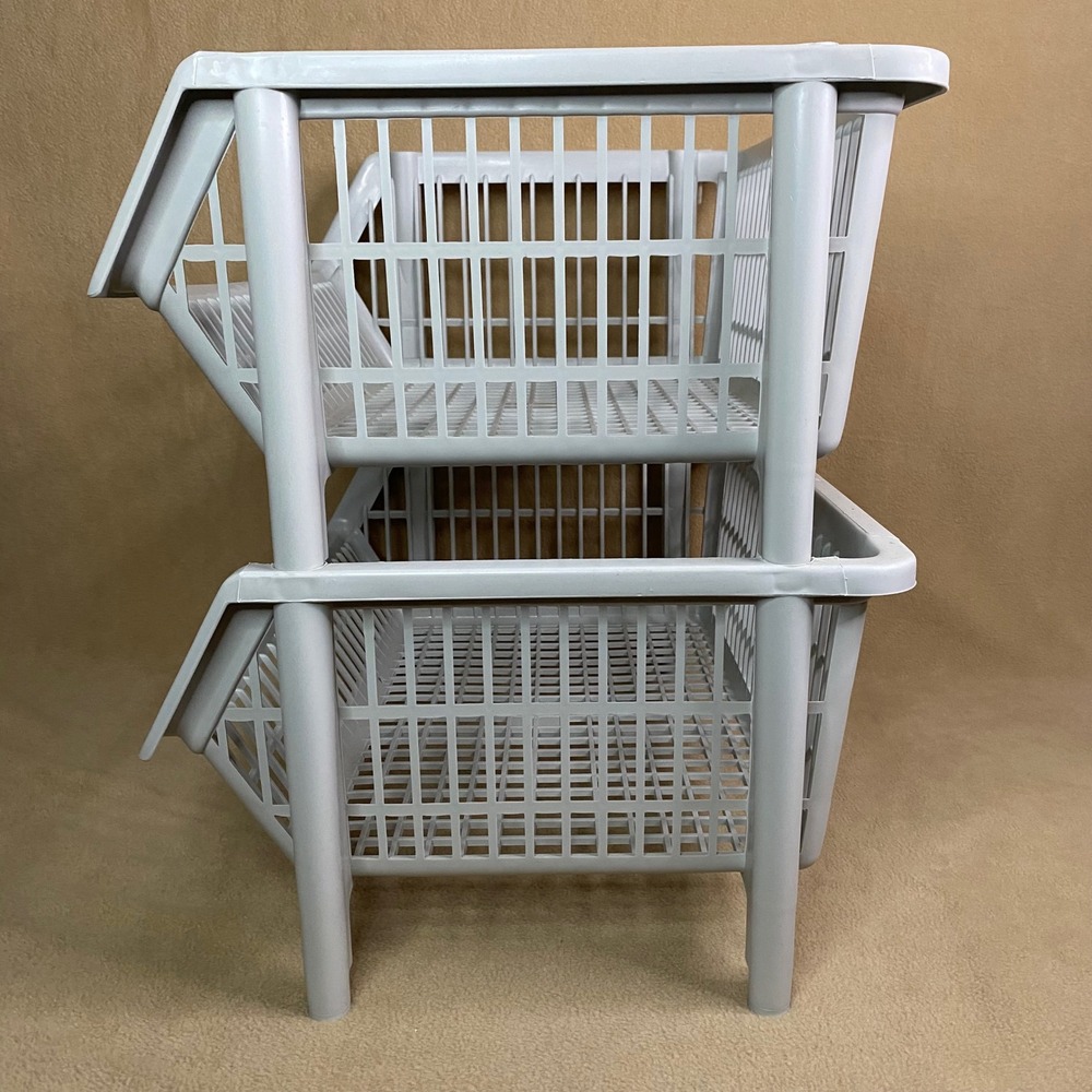 The Container Store Stackable Storage Baskets Gray Plastic 2‎ Tier Organizer GUC - Picture 2 of 4